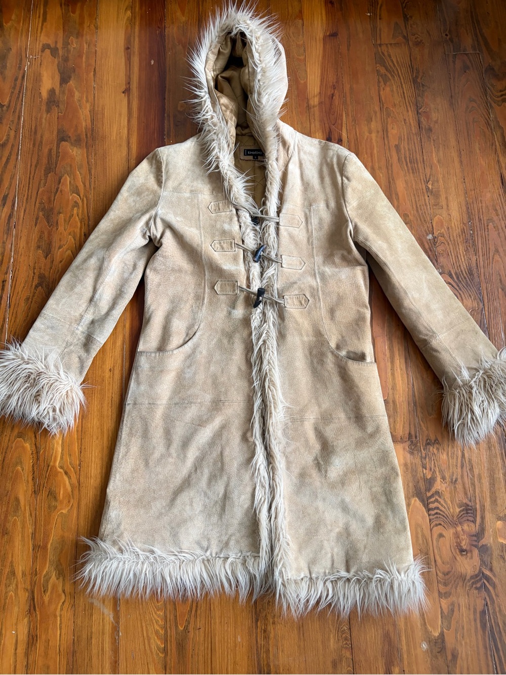 Bebe Vintage Penny Lane Y2K Faux Suede Fur Hooded Coat Size Small Tan Beige - Picture 2 of 15